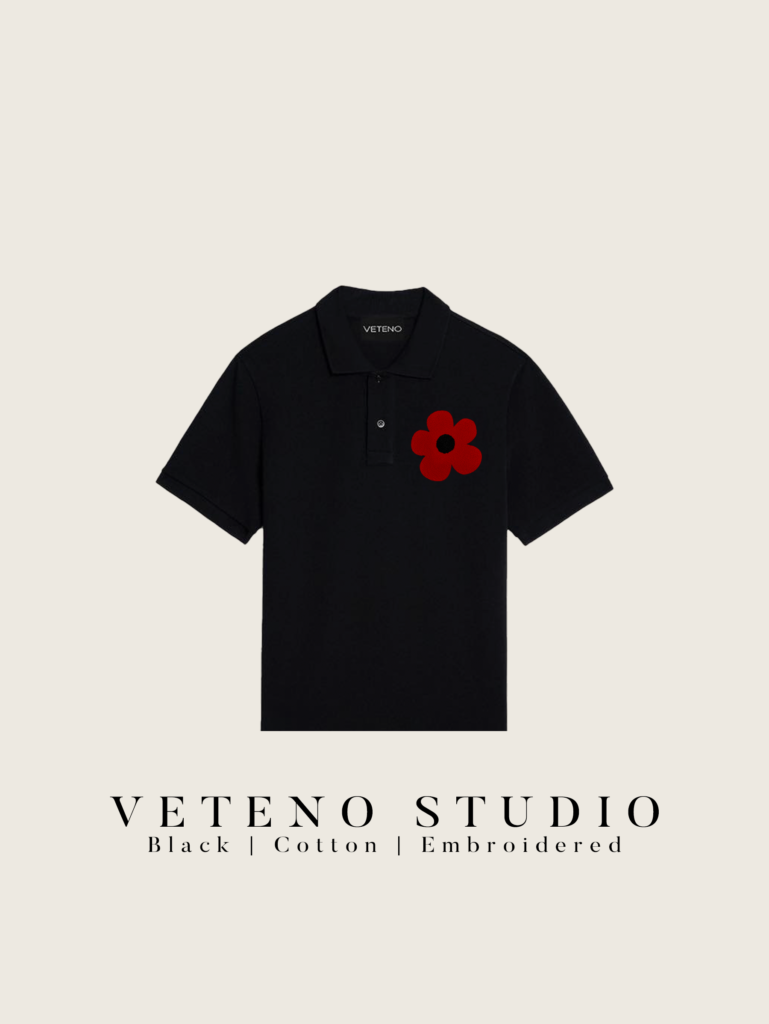 RED DAISY EMB BLACK POLO