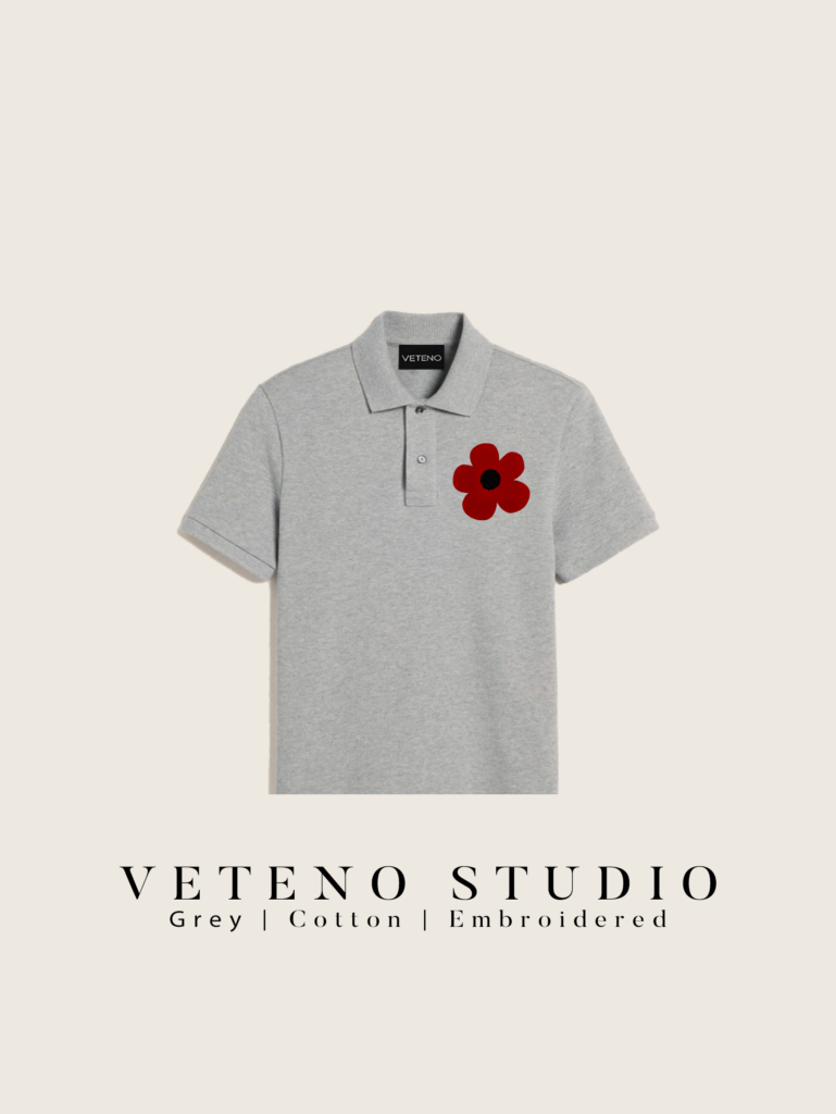 RED DAISY EMB GREY POLO