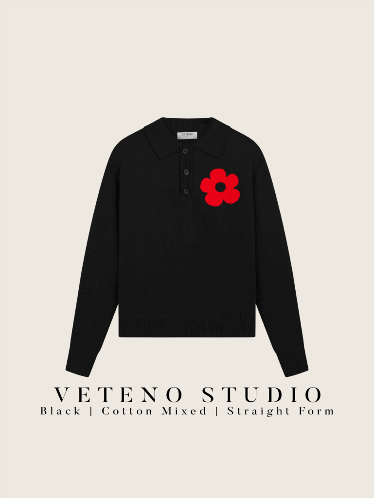 BLACK DAISY EMBROIDERED KNIT POLO